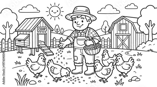 Man feeding chickens on a farm.
