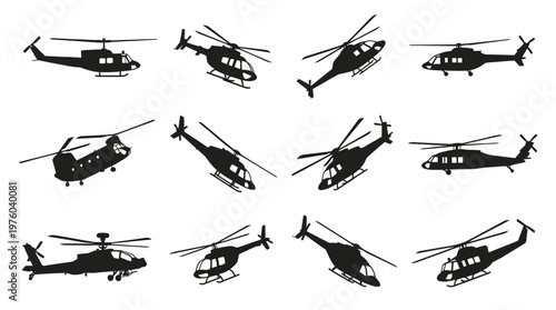Collection of helicopter silhouettes flying.