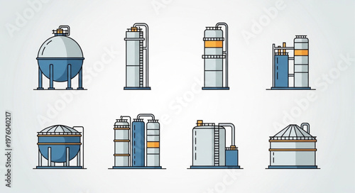 Industrial Plant and Equipment Vector Icons Set.