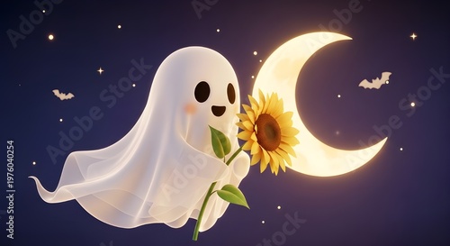 Cute Ghost Holding Sunflower Crescent Moon Halloween