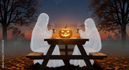Two Ghosts Drinking Warm Drinks Halloween Autumn