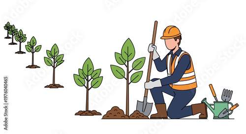 Illustration of a Worker Planting Trees in a Sequence
