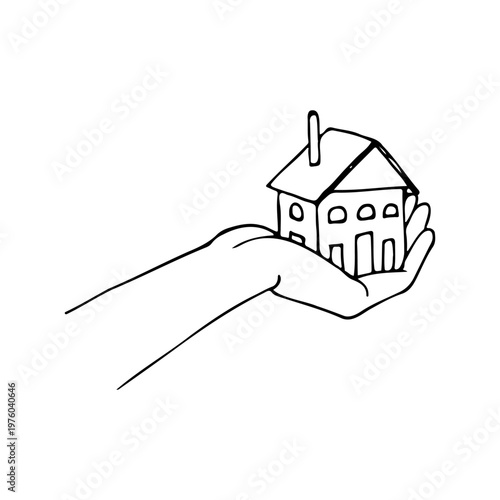 Konstfotografi Hand holding small house in minimalist doodle line drawing style