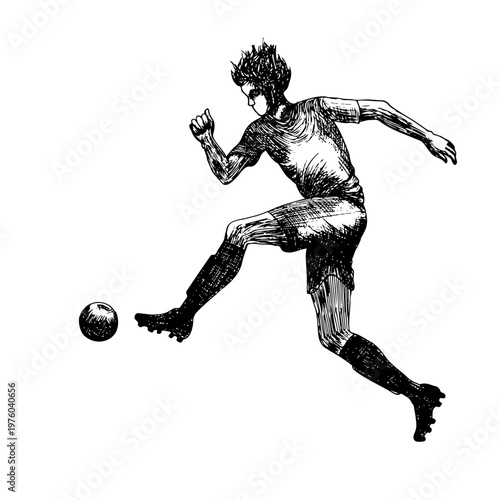 Dynamic soccer player jumping to kick a ball in vintage linocut style. Detailed athlete silhouette with distressed hatching texture