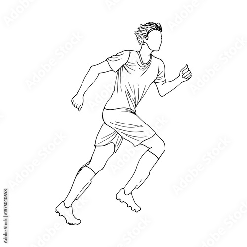 Soccer player running in minimalist doodle line drawing style. Isolated vector sketch of an athlete in action