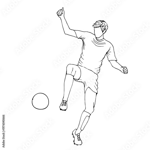 Soccer player kicking a ball in minimalist doodle line drawing style. Isolated vector sketch of an athlete in action
