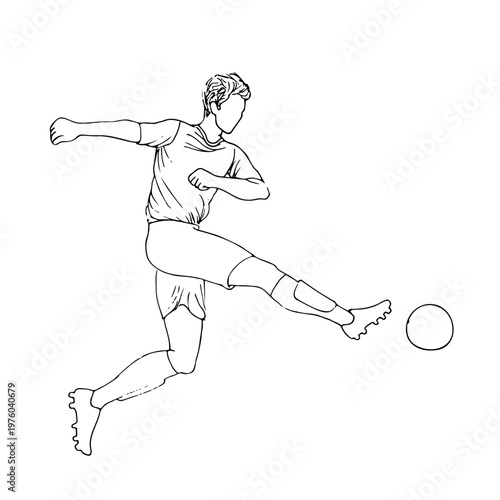Soccer player kicking a ball in minimalist doodle line drawing style. Isolated vector sketch of an athlete in action
