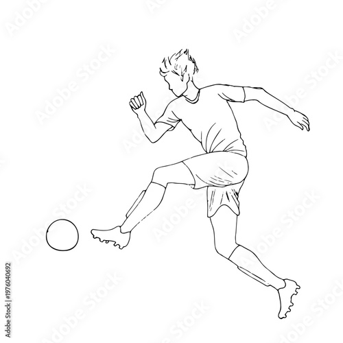 A soccer player kicking a ball in a minimalist doodle line drawing style. The man is shown in full profile, running toward the ball, his leg raised to kick.