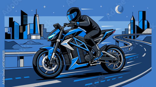Rider on blue motorcycle speeding.