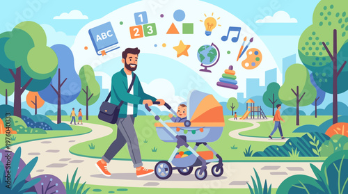 Man walking with child on bicycle.