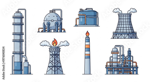 Diverse Industrial Structures - Towers, Tanks, and Chimneys in Detailed Illustration.