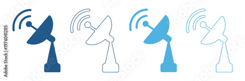 Satellite dishes in various colors and line styles communicating, satellite dish icon flat and simple set design, large antenna receiver and transmitter symbols, communication technology concept, mode