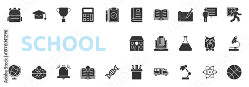 School icon set glyph style with book, open book, writing, presentation, exercise, school icons