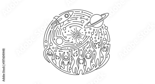 Children's space adventure, rocket, planets, stars, and happy people illustration