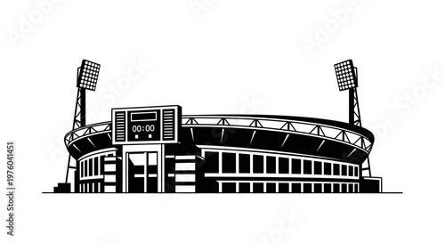 Black and white illustration of a modern sports stadium with bright floodlights, ready for a game on an isolated white background.