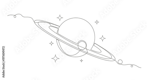 Minimalist Saturn planet with rings and stars, single line drawing, cosmic art