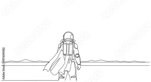 Astronaut stands on alien planet, looking at horizon, minimalist line art