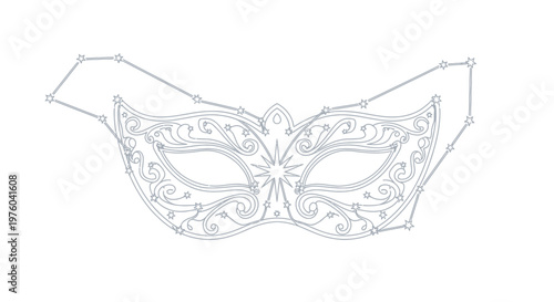 Elegant Masquerade Mask Outline with Stars and Swirls on White Background