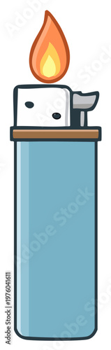 Handheld Lighter Illustration with Burning Flame Depicting Fire and Combustion Object in Pale Blue