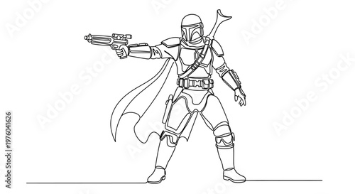 Lone Warrior Continuous Line Drawing: Futuristic Bounty Hunter with Blaster