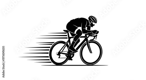 Silhouette of Professional Cyclist Racing with Speed Lines, Isolated White Background