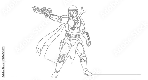 Sci-Fi Bounty Hunter with Blaster Gun, Continuous Line Drawing