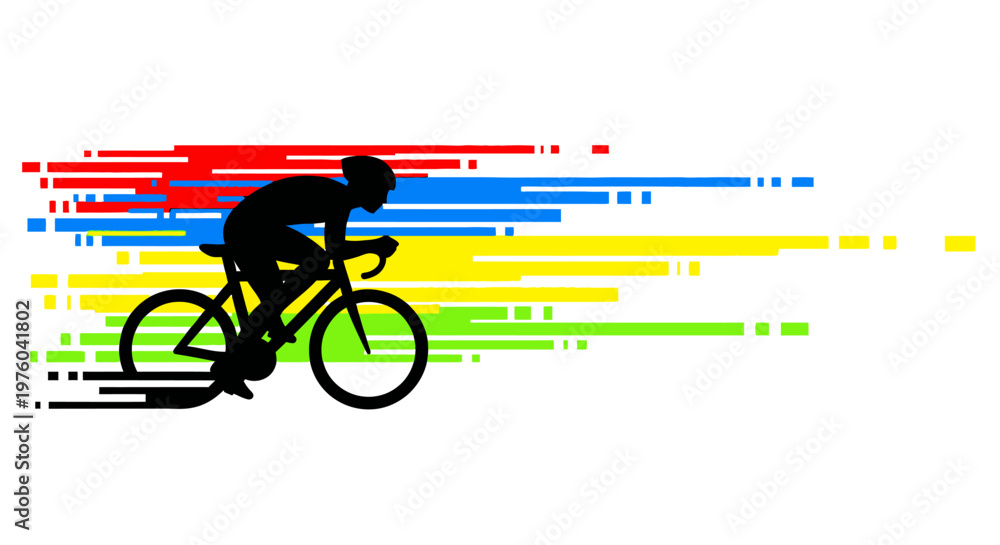 Fototapeta premium Dynamic Cyclist Silhouette with Motion Blur and Colorful Lines, Isolated White Background