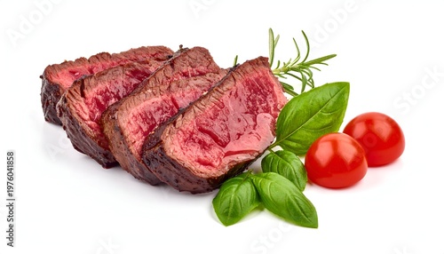 Sliced, juicy, cooked red meat on a white surface, garnished with fresh tomatoes, basil, and rosemary