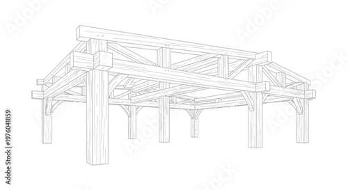 Wooden Roof Truss Structure Blueprint on Isolated White Background