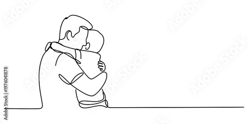 A single continuous line drawing of a father embracing his child with love and deep affection. Vector, illustration