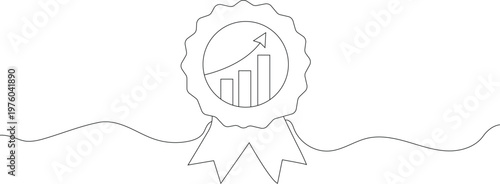 Continuous one line drawing of award badge with rising chart. Editable stroke outline style. Draw thin linear width. Doodle hand drawn vector illustration