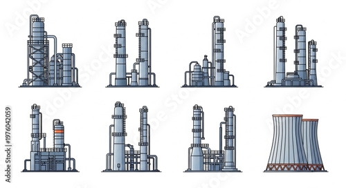 Refinery Plant Illustrations - Industrial Structures for Chemical and Oil Processing.