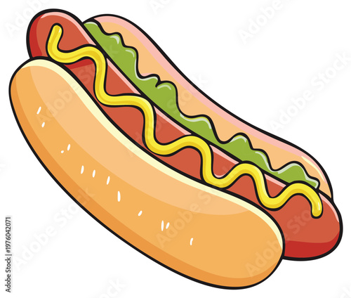 Two Cartoon Hot Dogs with Mustard and Relish Toppings on White Background