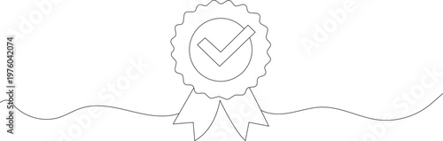 Continuous one line drawing of award badge with check mark. Simple editable outline style. Draw thin linear width. Doodle hand drawn vector illustration