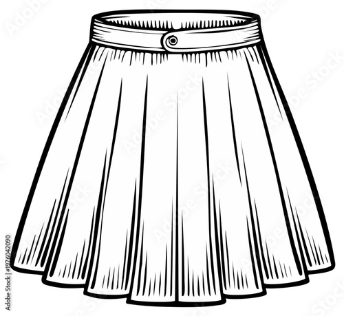 Classic pleated skirt line art illustration black and white fashion design outline