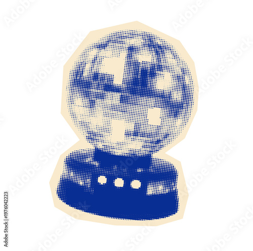 Retro Halftone Disco Ball on Stand — Vintage 70s 80s Party Music Blue and Beige Vector Illustration