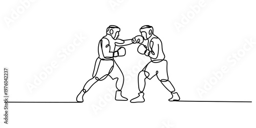 Continuous single line drawing of two boxers fighting in a match with protective headgear gear Vector, illustration