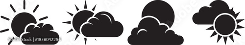 Black sun and cloud combo icon, black and white, vector illustration.