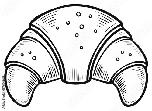 Hand-drawn sketch of a flaky croissant pastry with detailed shading and texture, isolated on white.