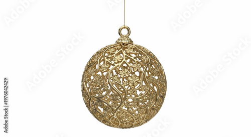 Elegant Gold Filigree Christmas Ornament Hanging on White Background