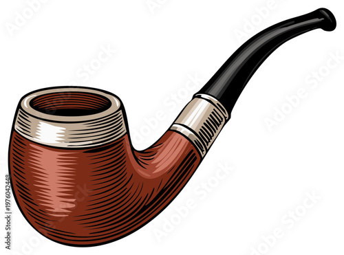 Classic wooden smoking pipe illustration in a vintage engraved style