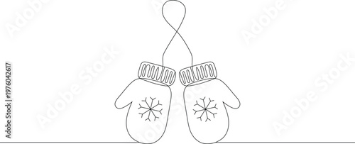 Continuous one line drawing of mittens with snowflake detail. simple outline style. Single contour art. Editable stroke vector illustration