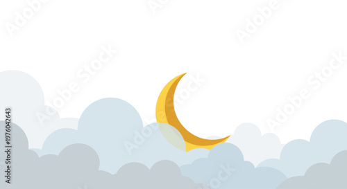 Golden crescent moon peeking through soft clouds in a tranquil night sky.