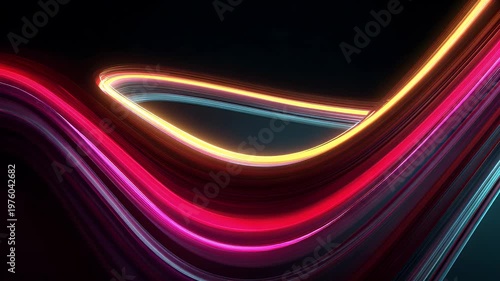 Dynamic flowing neon light trails motion abstract background glowing vibrant pink and orange curves in dark futuristic digital atmosphere artistic visualization.