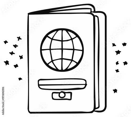 Hand drawn passport with globe symbol and scattered stars for travel concepts