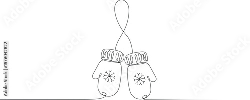 Continuous one line drawing of mittens with snowflake pattern. Line art style. Draw thin linear width. Doodle hand drawn vector illustration