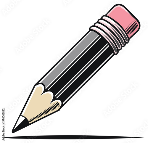 Sharp graphite pencil with pink eraser and black body on white background