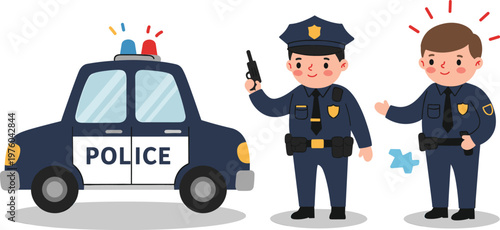Police officers with patrol car and siren, law enforcement cartoon characters security service illustration concept