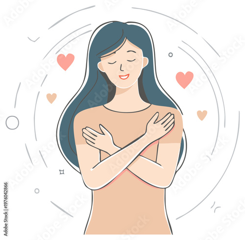 Serene woman embracing herself with a gentle smile surrounded by hearts in a self love illustration