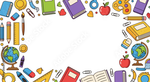 Colorful back to school frame with school supplies and stationery on white background